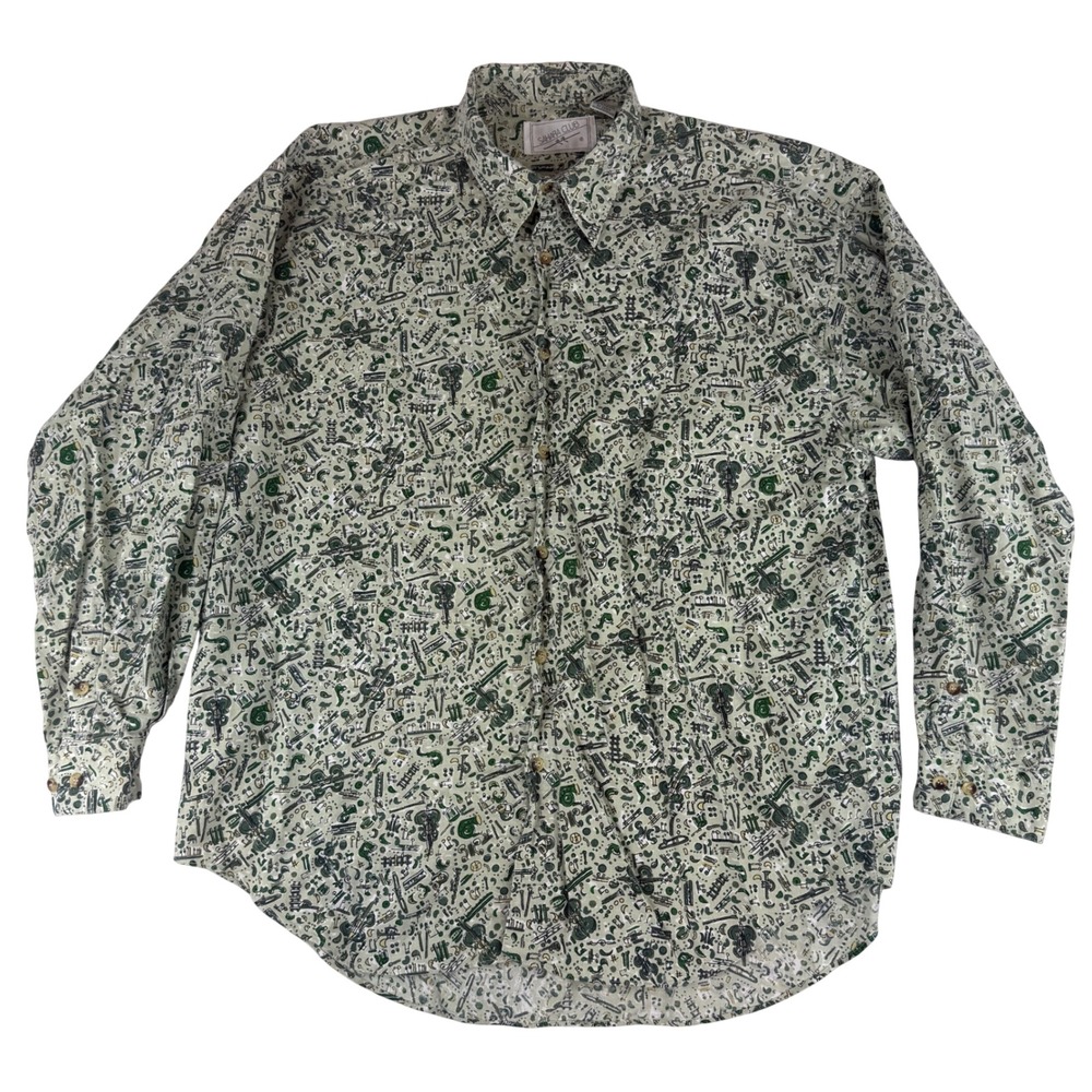 Sahara Club Button Down Shirt Mens Large Green Musical Instrument Print Cotton
